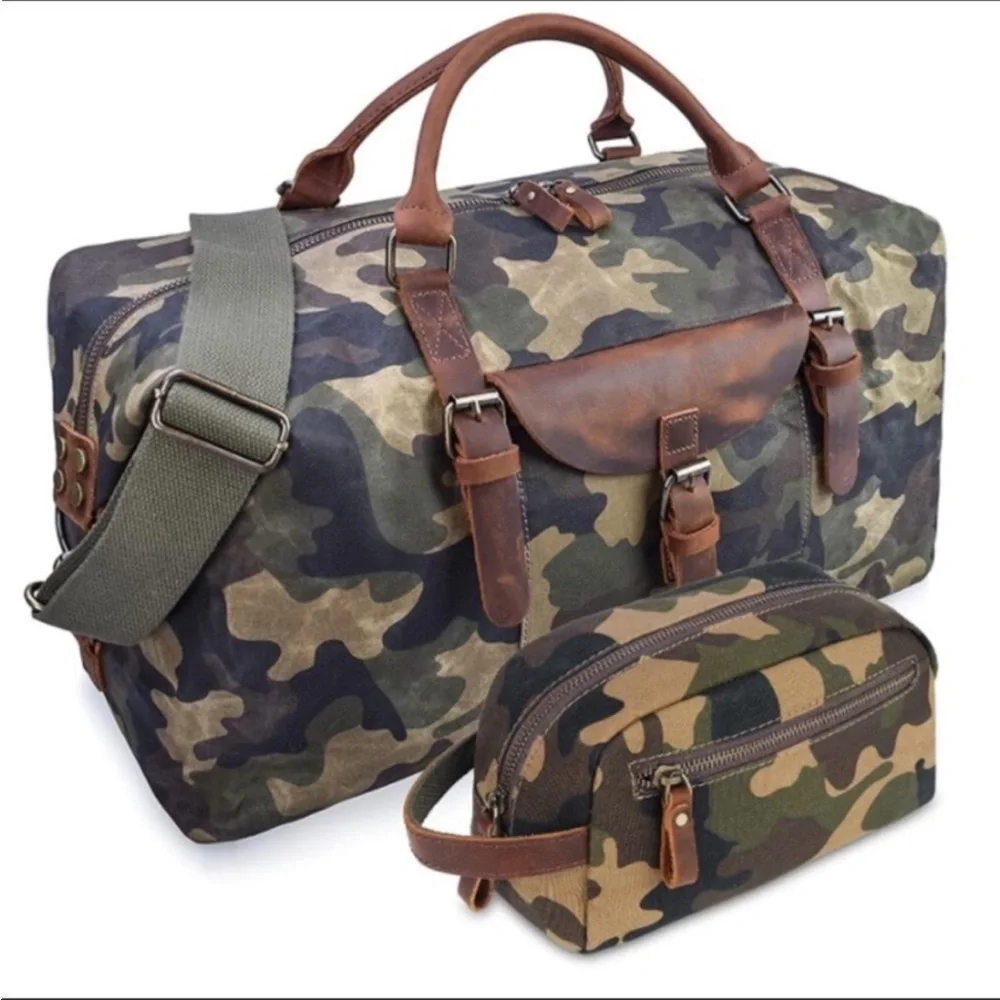 Oversized Duffel Bag Waterproof Canvas Leather Hand Bag with Toiletry Bag